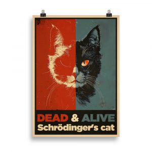 Affiche grunge humoristique représentant le chat de Schrödinger dans une boîte, style décalé et couleurs sombres et texturées. Humorous grunge poster showing Schrödinger's cat in a box, with dark, textured colors and a playful style.