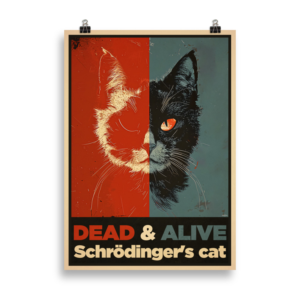 Affiche grunge humoristique représentant le chat de Schrödinger dans une boîte, style décalé et couleurs sombres et texturées. Humorous grunge poster showing Schrödinger's cat in a box, with dark, textured colors and a playful style.