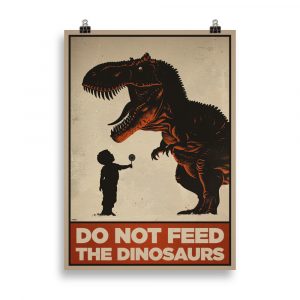 Affiche humoristique représentant un petit garçon tendant une sucette à un T-Rex, style vintage coloré et ludique. Humorous poster showing a little boy offering a lollipop to a T-Rex, in a colorful and playful vintage style.
