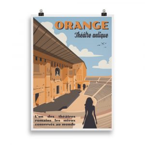 Affiche vintage représentant le Théâtre Antique d'Orange, avec ses gradins et son architecture romaine, dans des tons chauds et rétro. Vintage poster showing the Ancient Theatre of Orange, featuring its seating and Roman architecture, in warm retro tones.