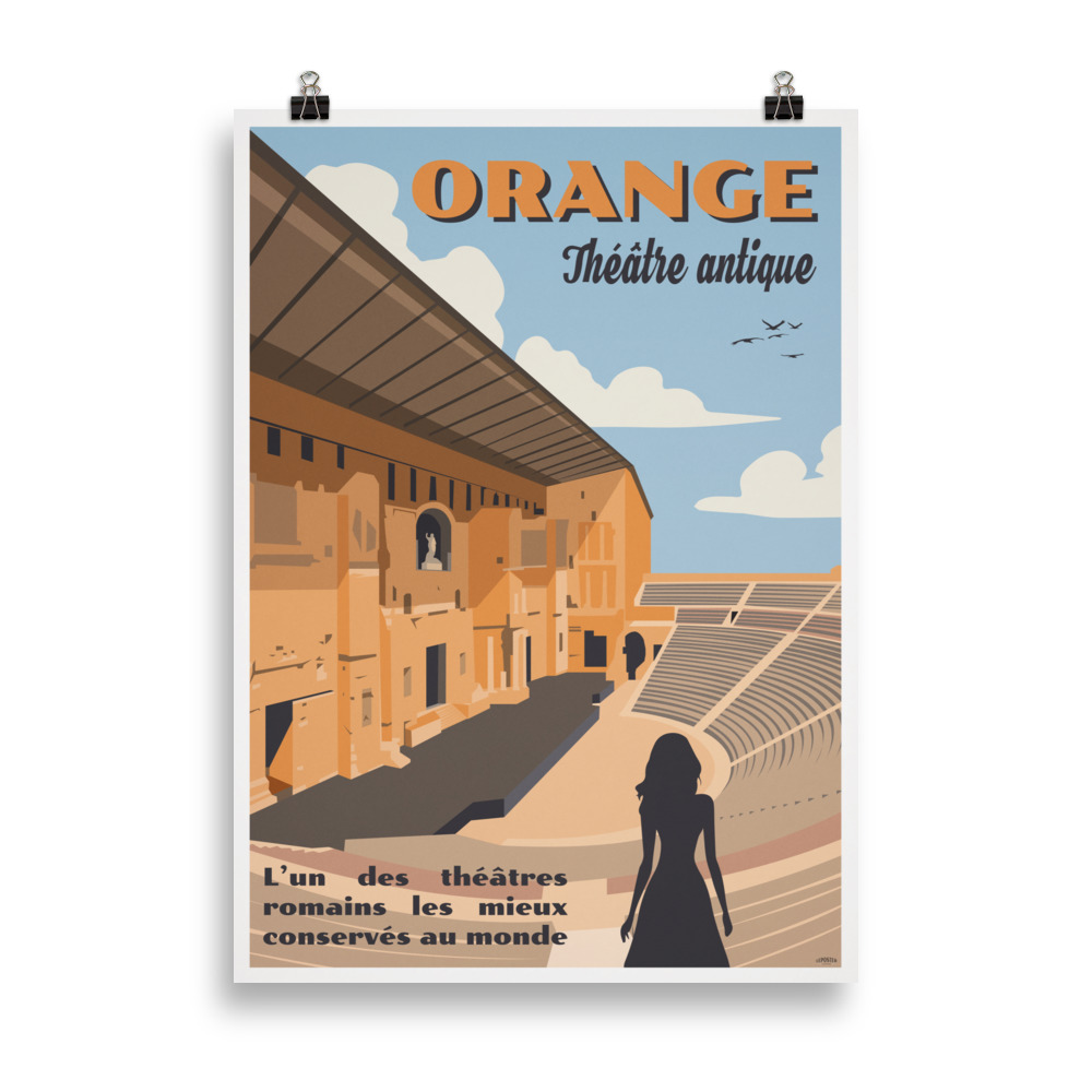 Affiche vintage représentant le Théâtre Antique d'Orange, avec ses gradins et son architecture romaine, dans des tons chauds et rétro. Vintage poster showing the Ancient Theatre of Orange, featuring its seating and Roman architecture, in warm retro tones.