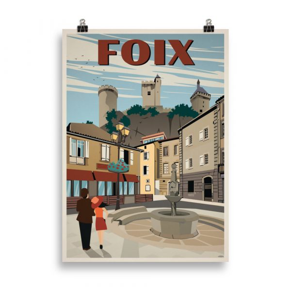 Affiche vintage représentant un couple admirant le château de Foix depuis le village, avec les montagnes en arrière-plan, dans des tons chauds et rétro. Vintage poster showing a couple admiring Foix Castle from the village, with mountains in the background, in warm retro tones.