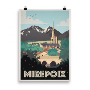 Affiche vintage représentant la place médiévale de Mirepoix avec ses maisons à colombages colorées et ses arcades ombragées, dans des tons chauds et rétro. Vintage travel poster depicting the medieval square of Mirepoix with colorful half-timbered houses and shaded arcades, in warm vintage tones.