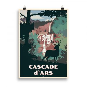 Affiche vintage représentant la Cascade d’Ars dans les Pyrénées ariégeoises, avec un cerf majestueux au premier plan et une nature luxuriante en arrière-plan. Vintage travel poster depicting the Cascade d’Ars in the Ariège Pyrenees, with a majestic deer in the foreground and lush nature in the background.