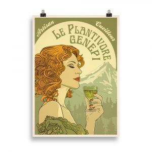 Affiche vintage représentant une femme élégante buvant un verre de génépi, style Art Nouveau, avec montagnes en arrière-plan. Vintage poster showing an elegant woman sipping a glass of génépi in Art Nouveau style, with mountains in the background.