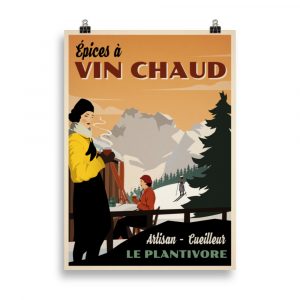 Affiche vintage représentant des skieuses buvant du vin chaud au premier plan, avec des montagnes enneigées en arrière-plan, style rétro. Vintage poster showing skiers enjoying mulled wine in front of snowy mountains, in retro style.