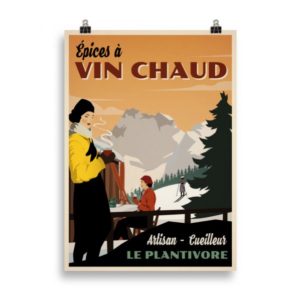 Affiche vintage représentant des skieuses buvant du vin chaud au premier plan, avec des montagnes enneigées en arrière-plan, style rétro. Vintage poster showing skiers enjoying mulled wine in front of snowy mountains, in retro style.