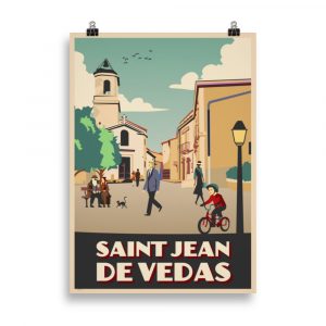 Affiche vintage représentant la place de l’église de Saint-Jean-de-Védas avec des passants au premier plan et les bâtiments historiques en arrière-plan. Vintage poster showing the church square of Saint-Jean-de-Védas with people walking in front and historic buildings in the background.