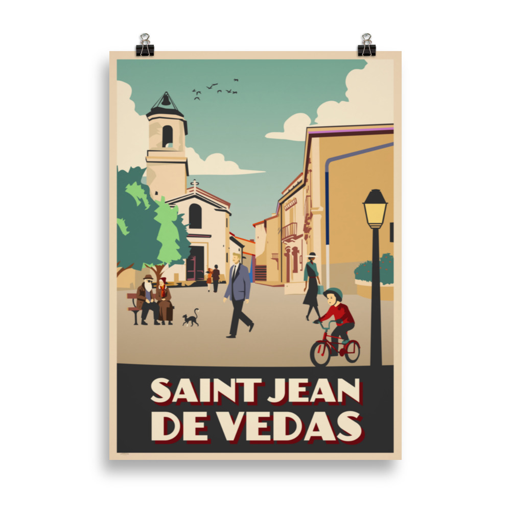 Affiche vintage représentant la place de l’église de Saint-Jean-de-Védas avec des passants au premier plan et les bâtiments historiques en arrière-plan. Vintage poster showing the church square of Saint-Jean-de-Védas with people walking in front and historic buildings in the background.