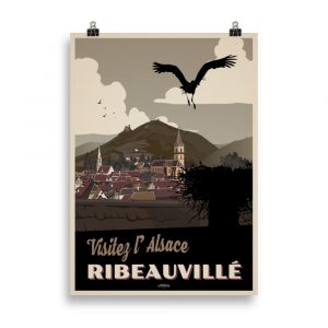 Affiche vintage en tons sépia représentant le village médiéval de Ribeauvillé, avec ses maisons à colombages et ses rues pittoresques. Vintage sepia-toned poster showing the medieval village of Ribeauvillé, with timber-framed houses and charming streets.