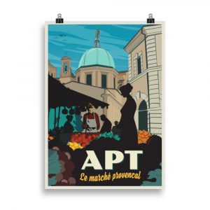 Affiche vintage représentant le marché provençal d’Apt sur la place de l’église, avec étals colorés et passants. Vintage poster showing the Provençal market of Apt at the church square, with colorful stalls and people walking.
