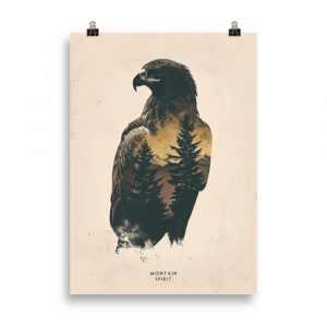 Affiche pop art vintage représentant la silhouette d’un aigle avec une forêt à l’intérieur, symbolisant l’esprit des montagnes. Vintage pop art poster showing the silhouette of an eagle with a forest inside, symbolizing mountain spirit.