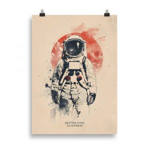 Affiche pop art vintage représentant un astronaute en tenue spatiale flottant dans l’espace, symbole d’exploration et de découverte. Vintage pop art poster showing an astronaut in a spacesuit floating in space, symbolizing exploration and discovery.