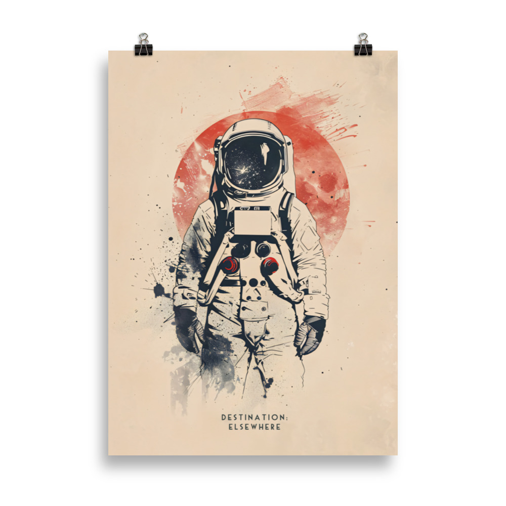 Affiche pop art vintage représentant un astronaute en tenue spatiale flottant dans l’espace, symbole d’exploration et de découverte. Vintage pop art poster showing an astronaut in a spacesuit floating in space, symbolizing exploration and discovery.