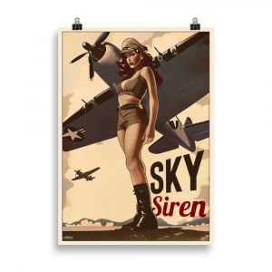 Affiche rétro représentant une pin-up en tenue d’aviateur style WW2 posant à côté d’un avion militaire ancien. Vintage poster showing a pin-up in WW2-style aviator outfit posing next to a classic military airplane.