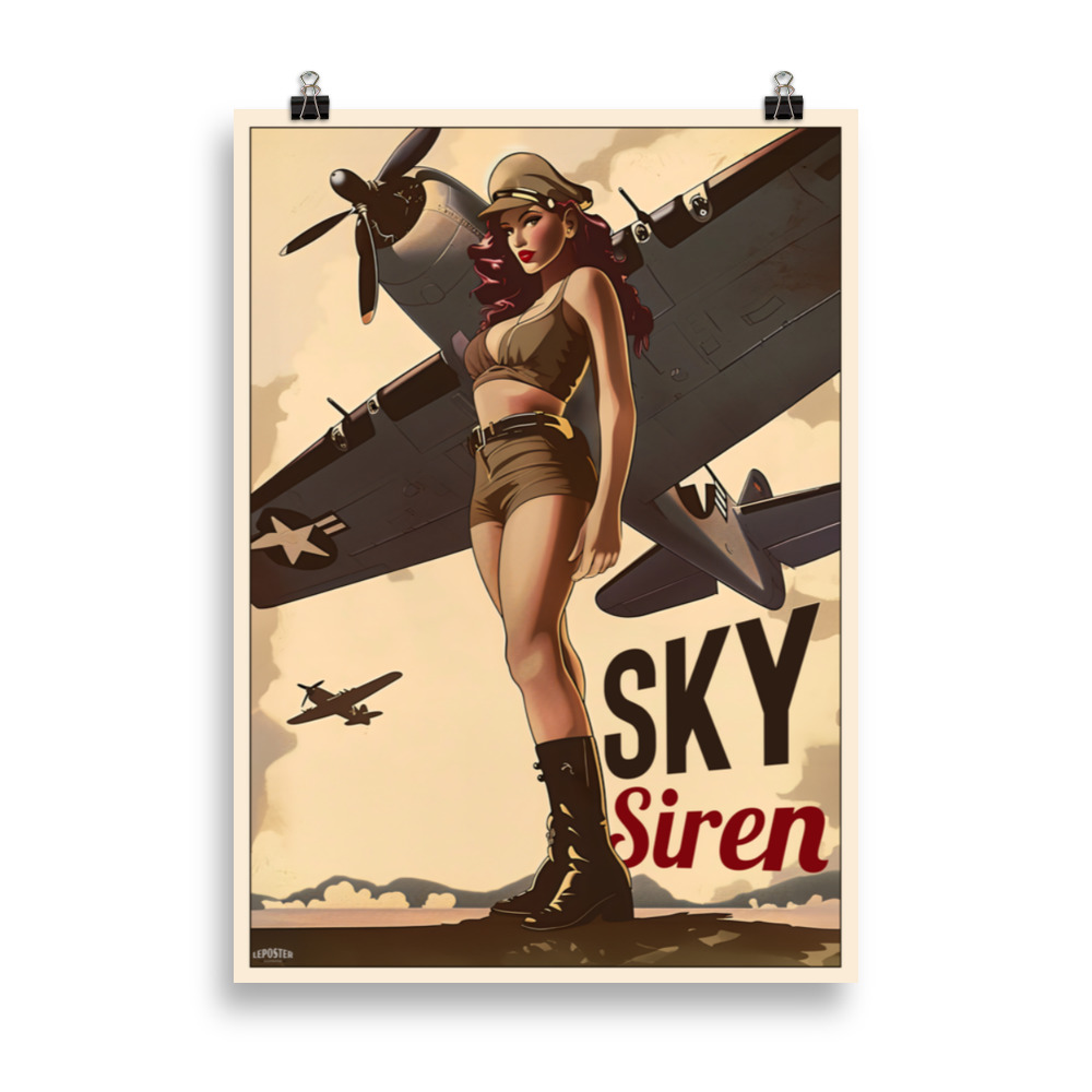 Affiche rétro représentant une pin-up en tenue d’aviateur style WW2 posant à côté d’un avion militaire ancien. Vintage poster showing a pin-up in WW2-style aviator outfit posing next to a classic military airplane.