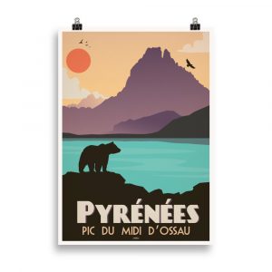 Affiche vintage représentant le Pic du Midi d'Ossau dans les Pyrénées, avec un alpiniste ou randonneur au premier plan et les montagnes en arrière-plan. Vintage poster depicting Pic du Midi d'Ossau in the Pyrenees, with a hiker or climber in the foreground and mountains in the background.