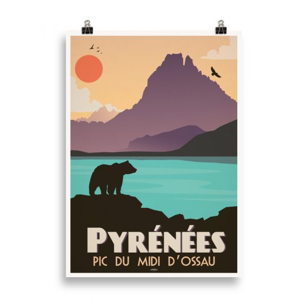 Affiche vintage représentant le Pic du Midi d'Ossau dans les Pyrénées, avec un alpiniste ou randonneur au premier plan et les montagnes en arrière-plan. Vintage poster depicting Pic du Midi d'Ossau in the Pyrenees, with a hiker or climber in the foreground and mountains in the background.