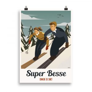 Affiche vintage représentant un couple de skieurs dévalant les pistes de Super Besse, avec les montagnes enneigées en arrière-plan. Vintage poster showing a couple skiing down the slopes of Super Besse, with snowy mountains in the background.