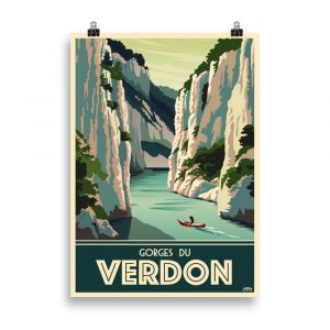 Affiche vintage d’un canoë naviguant sur les eaux turquoise du Verdon, avec de hautes falaises calcaires en arrière-plan.
