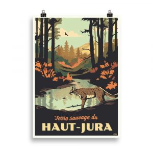 Affiche vintage montrant un lynx dans une forêt du Haut-Jura, entouré d’arbres et de collines boisées.
