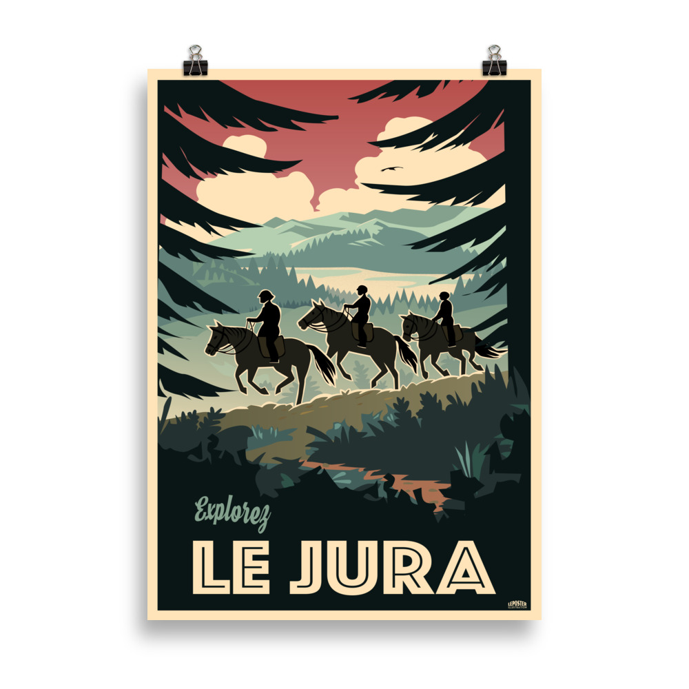Affiche vintage d’un cavalier traversant une forêt du Jura, collines douces et nature préservée.