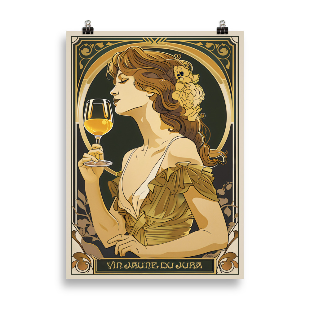 Affiche style Art Nouveau représentant une femme élégante tenant un verre de vin jaune du Jura, illustration vintage.