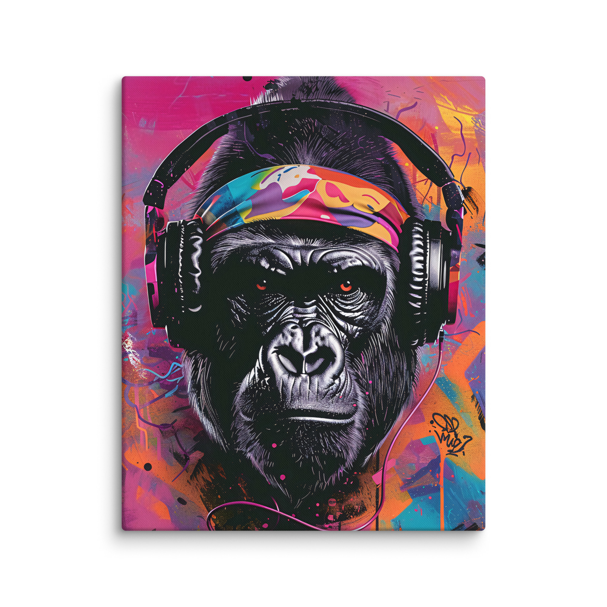 Illustration pop art d'un gorille portant un casque de DJ avec des couleurs vives.