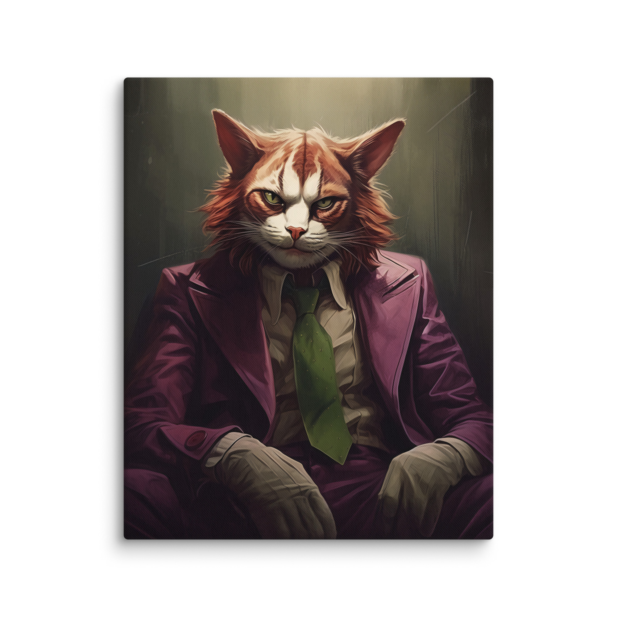 Illustration humoristique d'un chat avec un maquillage de clown, rappelant le personnage du Joker. Toile imprimée haute qualité, idéale pour une décoration murale originale.
