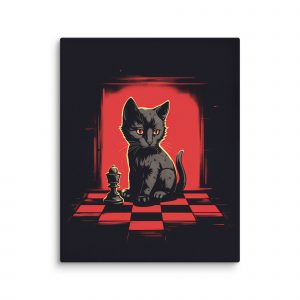 Illustration d'un chaton joueur sur un échiquier géant, réalisé dans un style Pop Art avec des couleurs vives. Toile imprimée haute qualité.