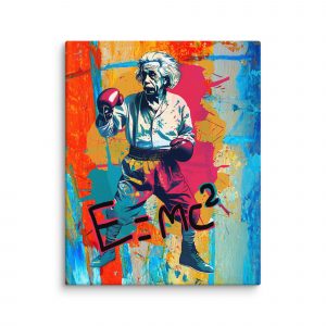 Toile pop art représentant Albert Einstein en garde de boxe, vêtu de gants de boxe, dans un style humoristique.