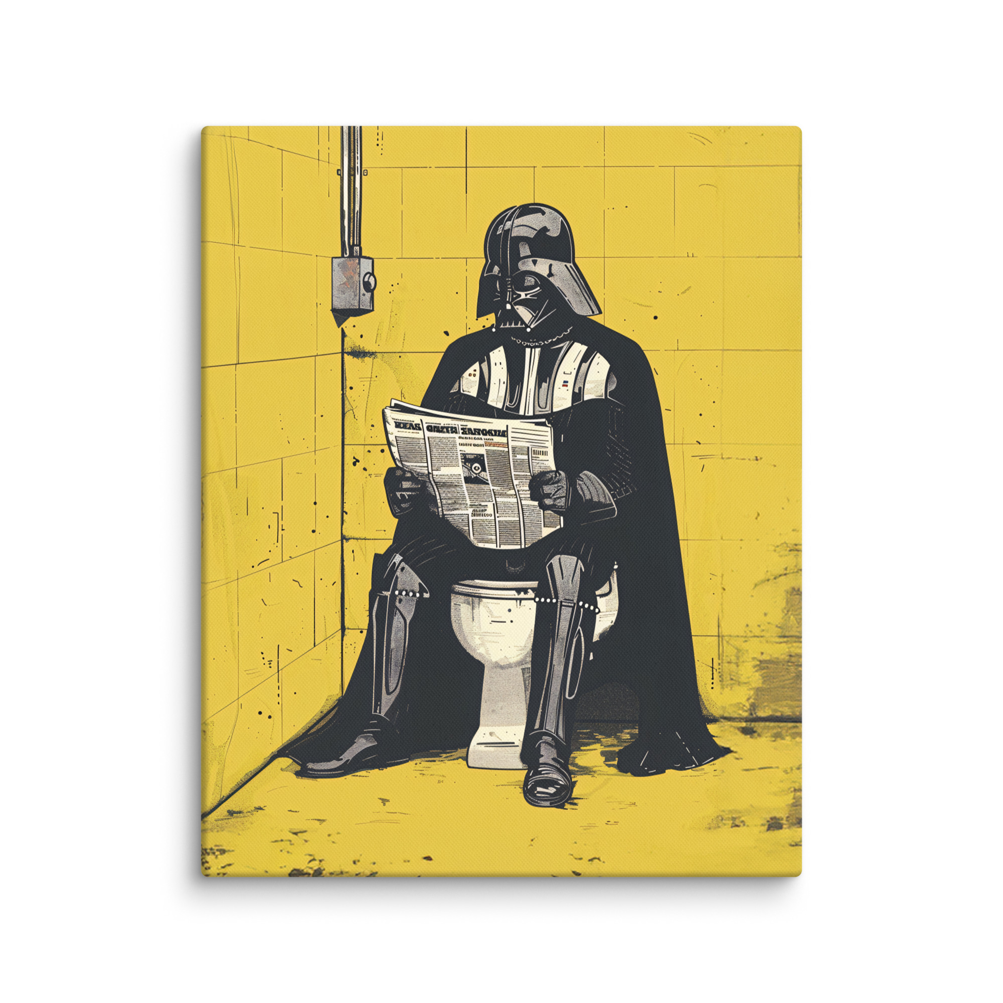 Toile pop art représentant Dark Vador dans une scène humoristique aux toilettes, avec des couleurs vives et un style moderne.