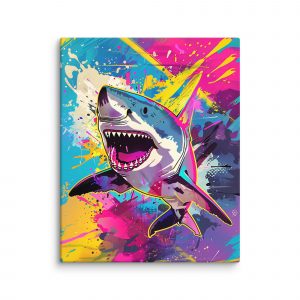 Toile pop art représentant un requin blanc stylisé avec des couleurs vives et contrastées.