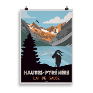 Affiche vintage représentant le lac de Gaube dans les Hautes-Pyrénées, avec eaux calmes, montagnes et paysage naturel.