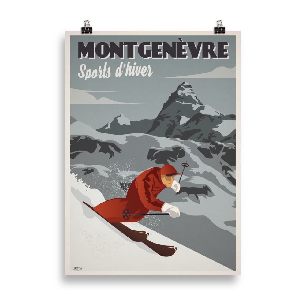 Affiche vintage représentant un skieur au premier plan à Montgenèvre, avec pistes enneigées et village alpin en arrière-plan.