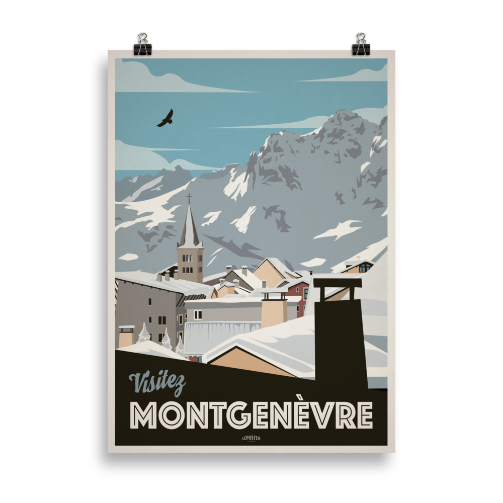 Affiche vintage représentant le village de Montgenèvre avec ses toitures alpines et les montagnes environnantes.