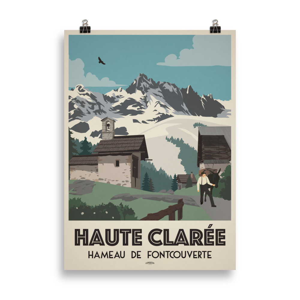 Affiche vintage représentant la chapelle Sainte-Marie de Fontcouverte dans la haute vallée de la Clarée, entourée de montagnes alpines.