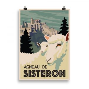Affiche vintage représentant un agneau et sa mère dans un paysage près de Sisteron, avec la citadelle en arrière-plan.