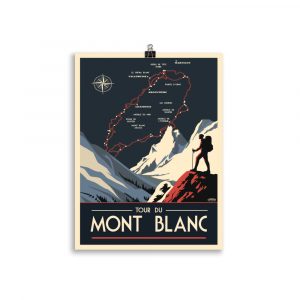 Affiche Art Déco représentant un randonneur de montagne avec le tracé du Tour du Mont Blanc en arrière-plan.