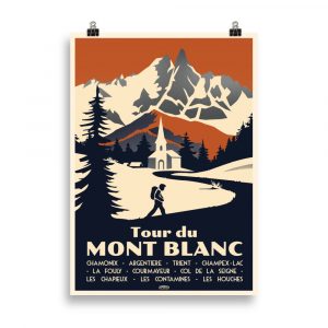 Affiche Art Déco représentant un randonneur arrivant dans un village au pied du Mont Blanc, avec montagnes en arrière-plan.