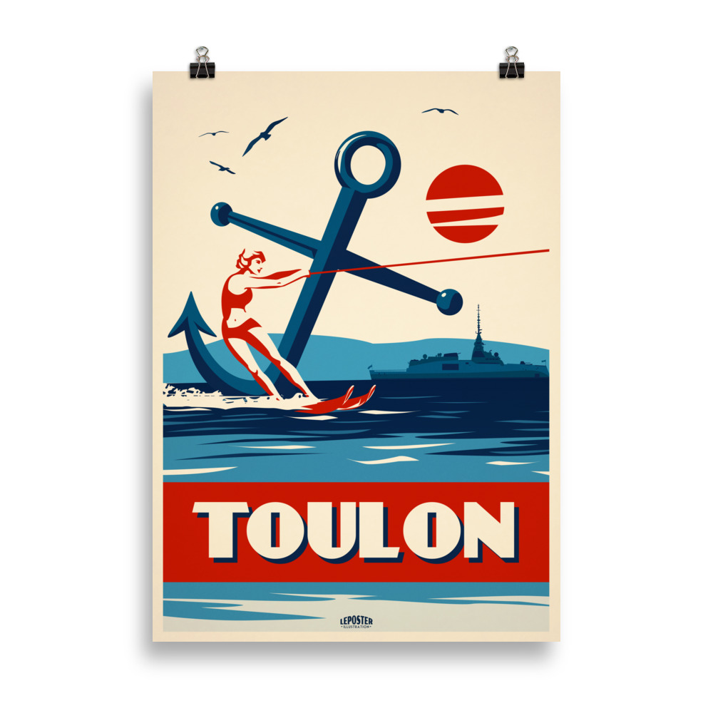 Affiche vintage représentant une skieuse nautique au premier plan, une ancre et une frégate militaire en arrière-plan dans la rade de Toulon.