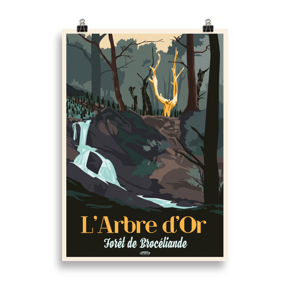 Affiche vintage représentant l’Arbre d’Or dans la forêt de Brocéliande, entouré de végétation et de lumière forestière.