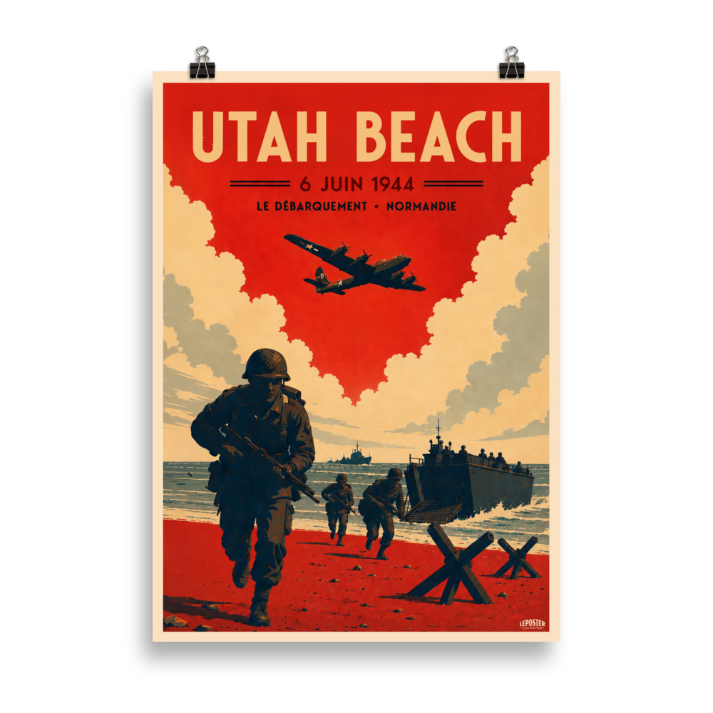 Affiche vintage représentant le débarquement allié sur Utah Beach lors du D-Day, avec soldats américains avançant sur la plage et barges de débarquement en arrière-plan.