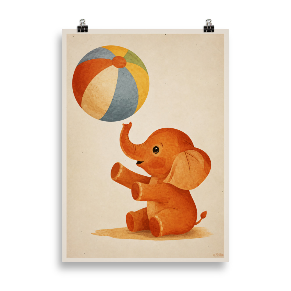 Affiche vintage pour enfant représentant un bébé éléphant jouant avec un ballon multicolore dans une ambiance douce et chaleureuse.