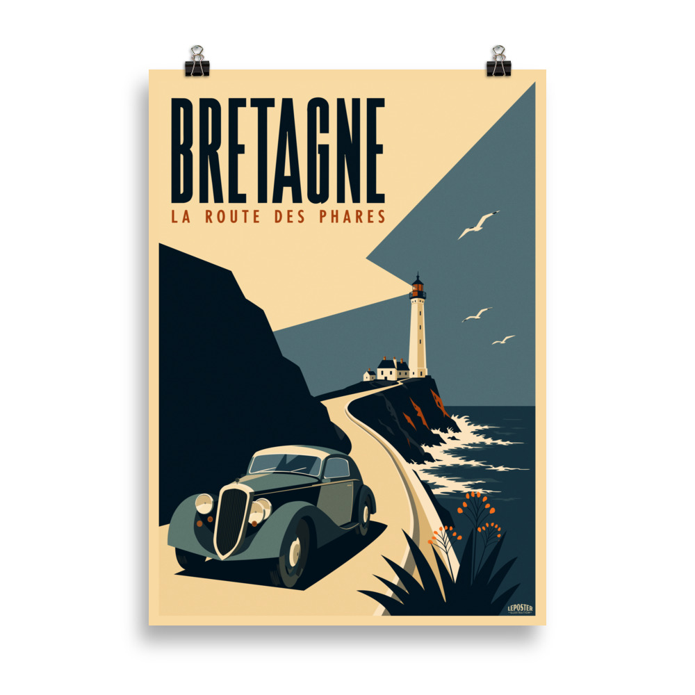 Affiche vintage du Morbihan avec un voilier au premier plan, des îles bretonnes et une carte illustrée du département présentant ses principaux lieux.