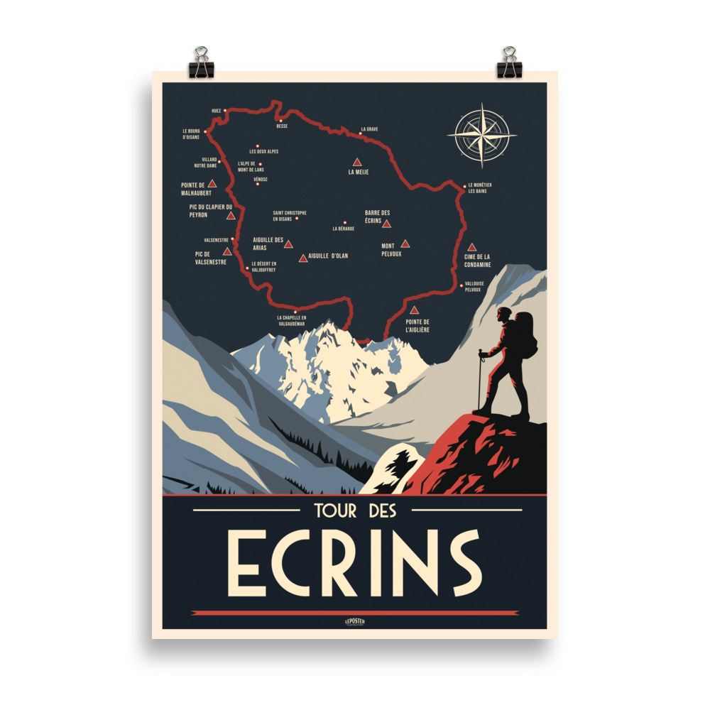 Affiche vintage représentant un alpiniste dans le massif des Écrins avec une carte illustrée du GR54 et les principales étapes du Tour des Écrins en arrière-plan.