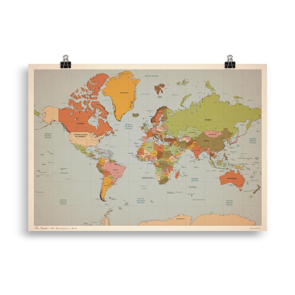 Affiche géopolitique vintage représentant une carte du monde en projection Mercator, avec les pays et continents détaillés dans des tons rétro. Vintage poster showing a world map in Mercator projection, with countries and continents detailed in retro tones.