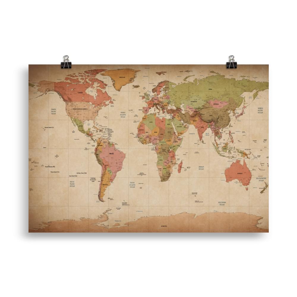 Poster Carte Ancienne du Monde – Rétro/Vintage (100x70 cm)